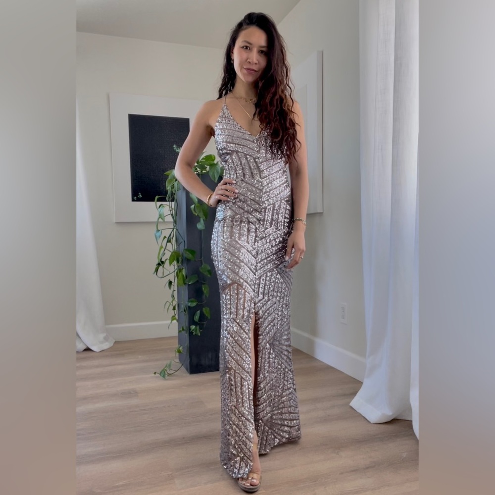 Silver sparkles sequin maxi gown dress